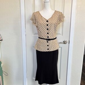 Unique Vintage Cream and Black Polka Dot Pencil Dress